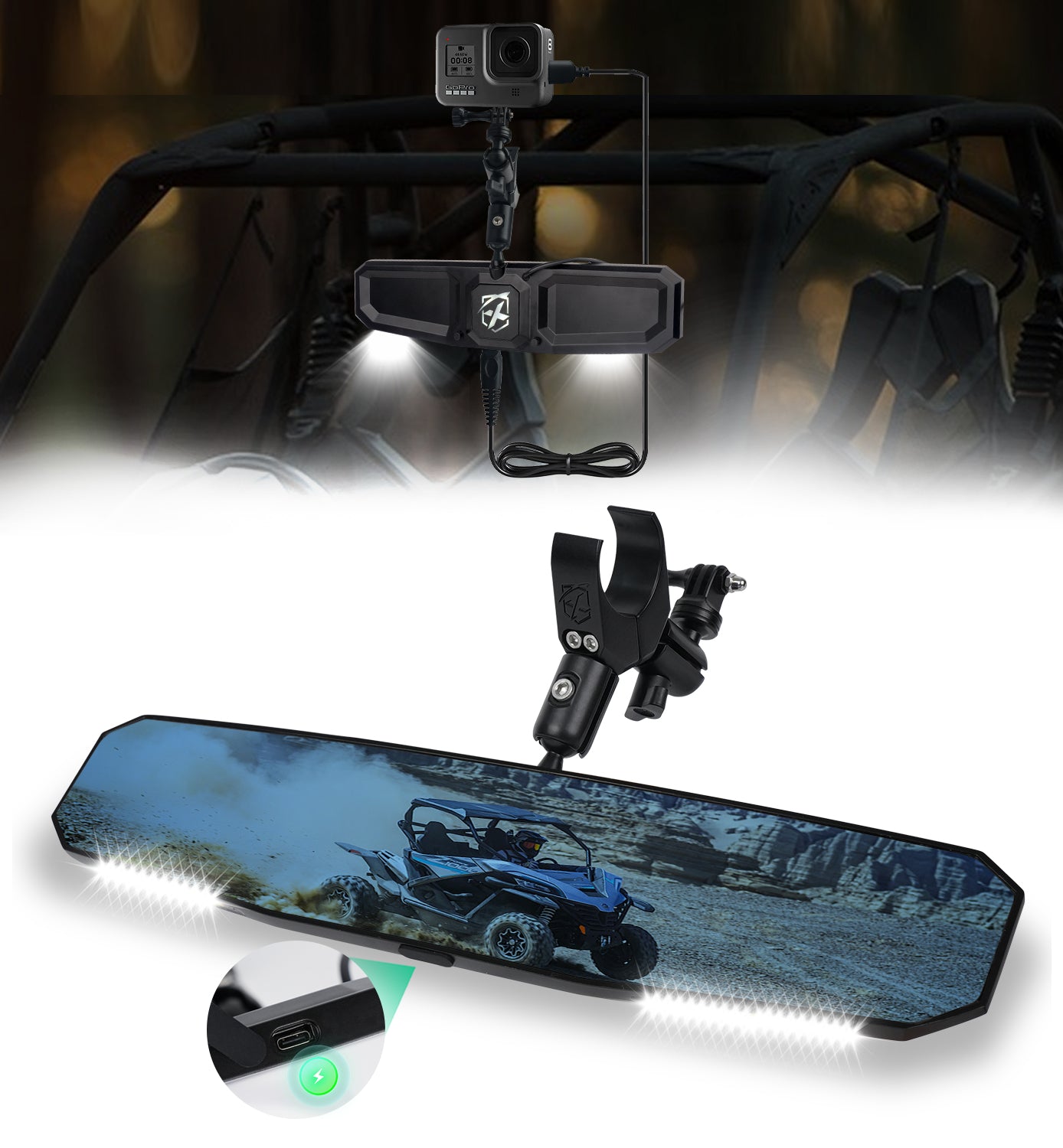 UTV Rear View Mirror with Interior Lights and an Additional GoPro Mount