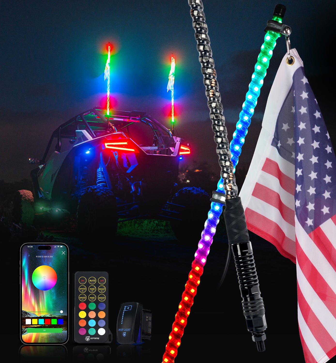 RGB LED Whip Lights with Spring Mount