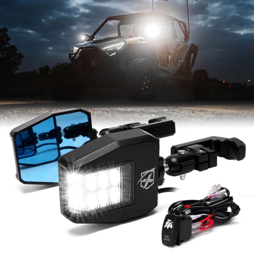 UTV Side View Mirrors with LED Spotlights & C-Clamp Brackets
