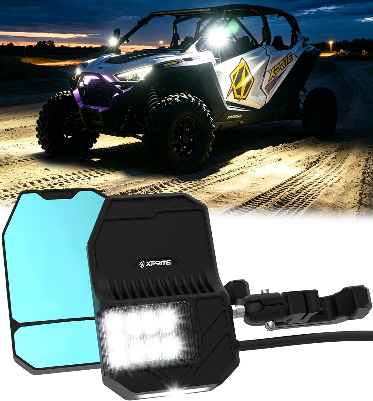 Xprite UTV Side Mirrors w/LED Spot Lights, Amber Signals & Puddle Lights