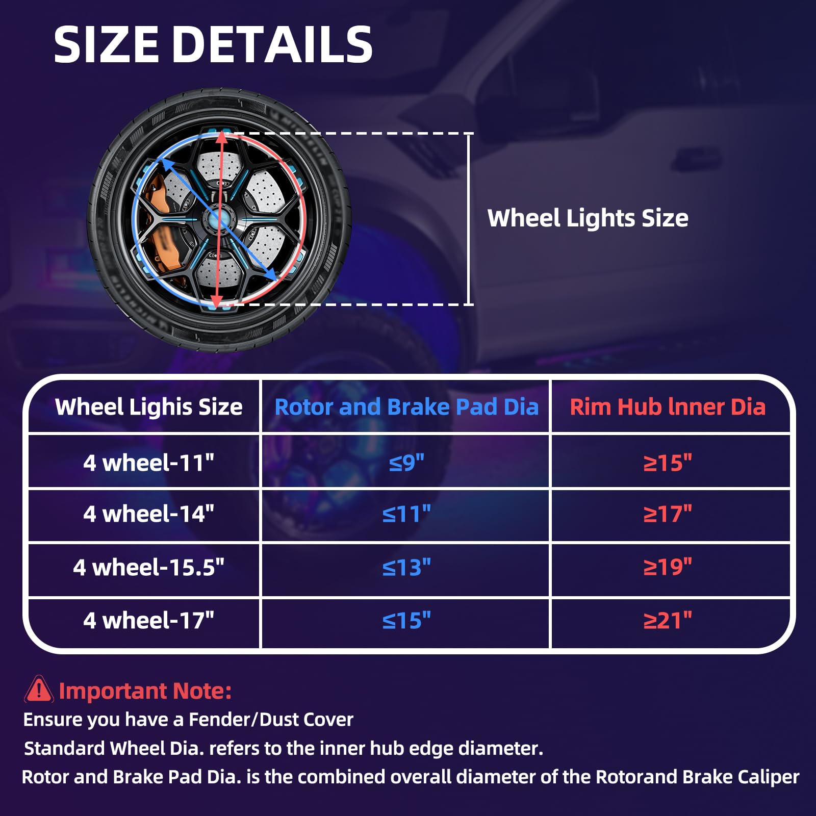4PCS 17" Double Sided RGB LED Wheel Ring Lights with APP & Remote Control