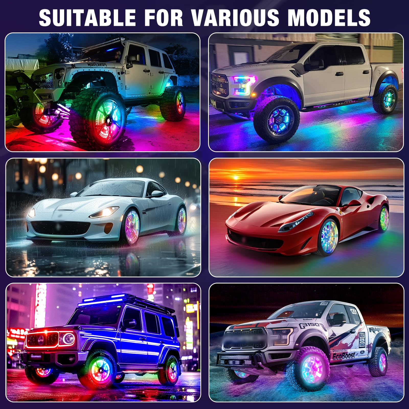 4PCS 17" Double Sided RGB LED Wheel Ring Lights with APP & Remote Control