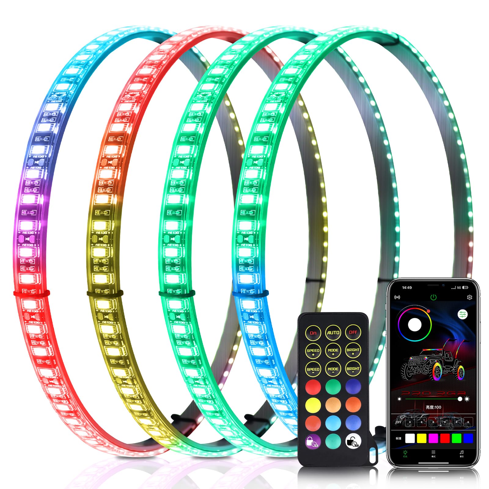 4PCS 17inch RGB LED Wheel Ring Lights with APP & Remote Control