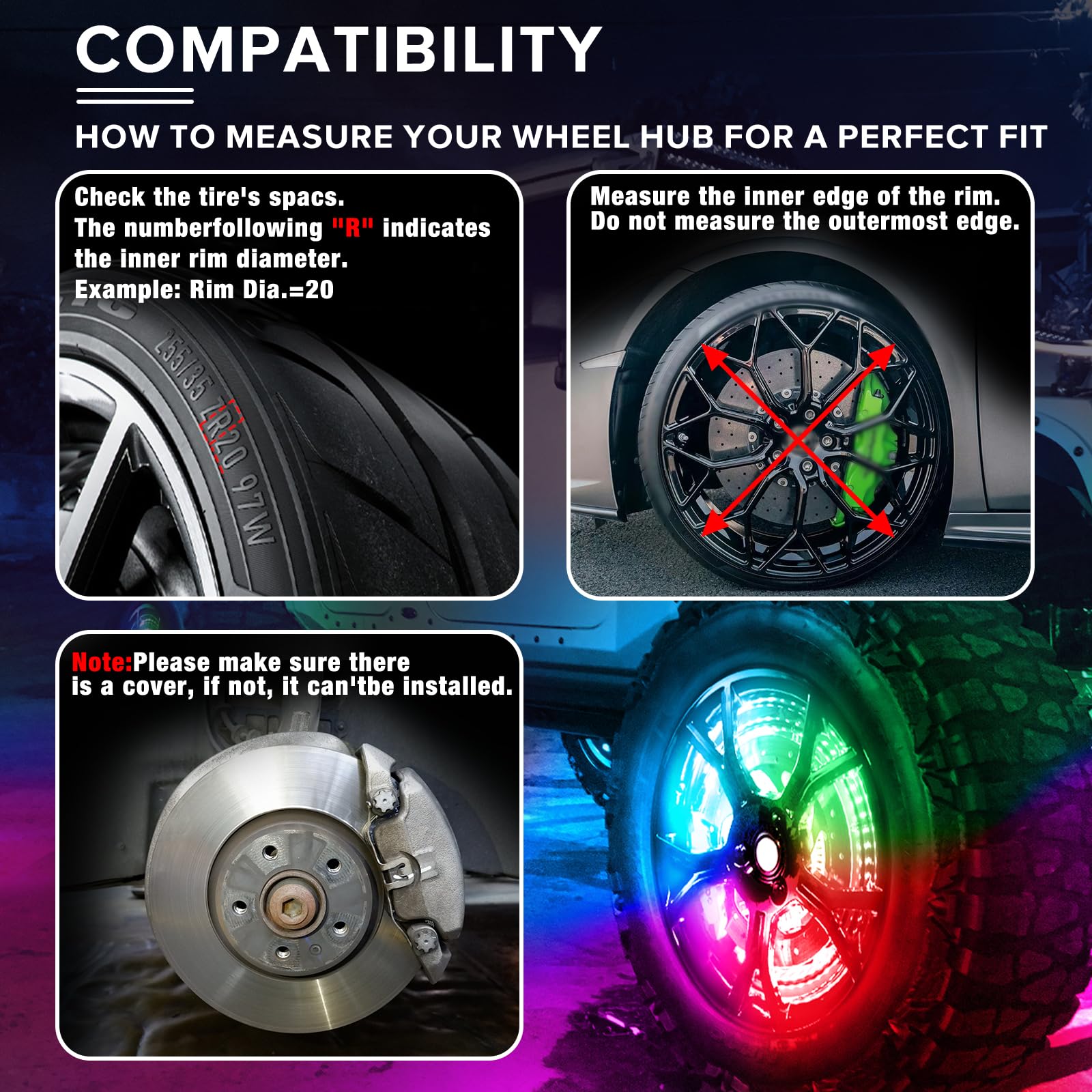 4PCS 17inch RGB LED Wheel Ring Lights with APP & Remote Control