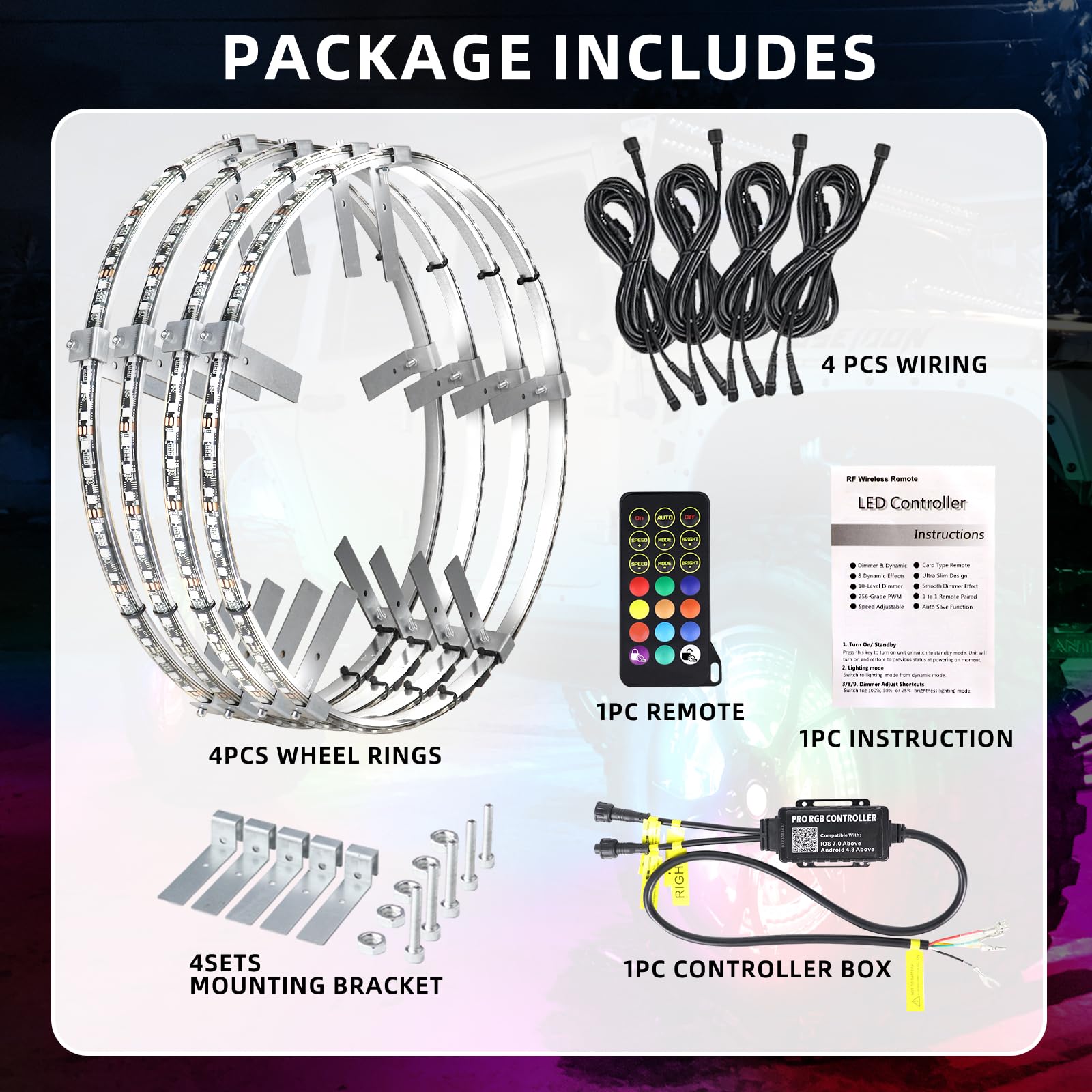 4PCS 17inch RGB LED Wheel Ring Lights with APP & Remote Control