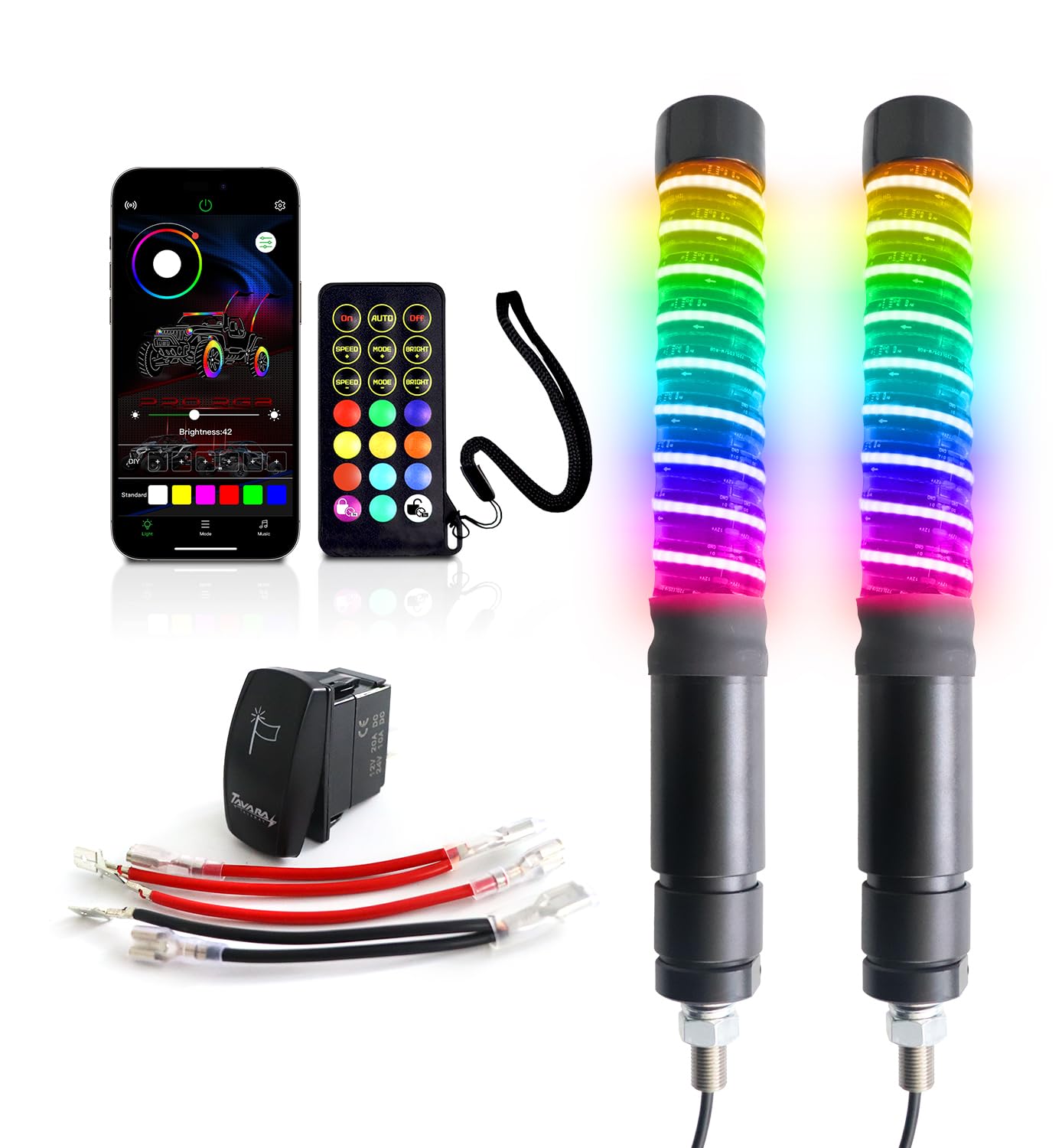 2PCS RGB Fat Whip Lights for UTV ATV Polaris RZR Can-Am