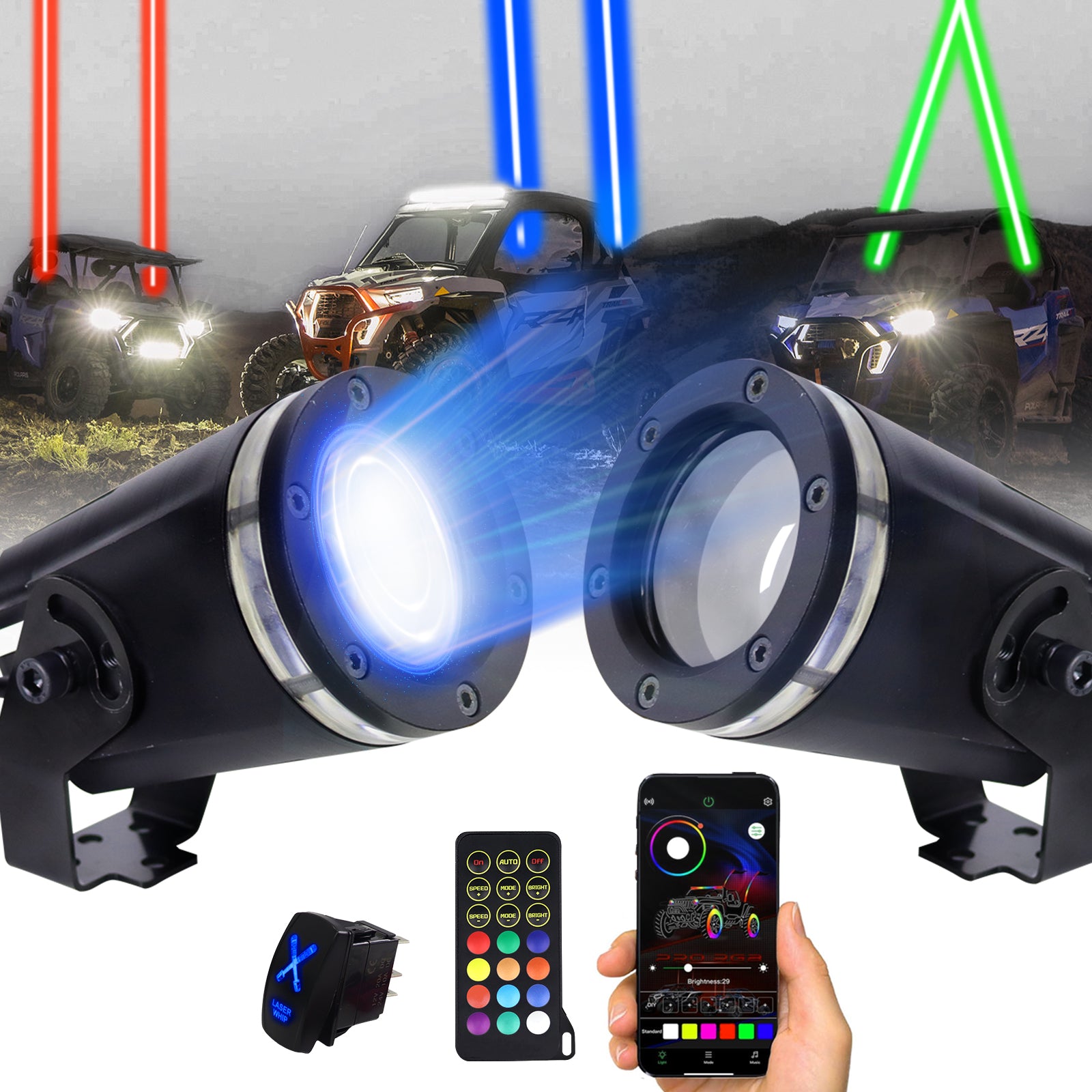2PCS RGBW Whipless LED Whip Lights for SXS UTV ATV Can-Am | Remote APP