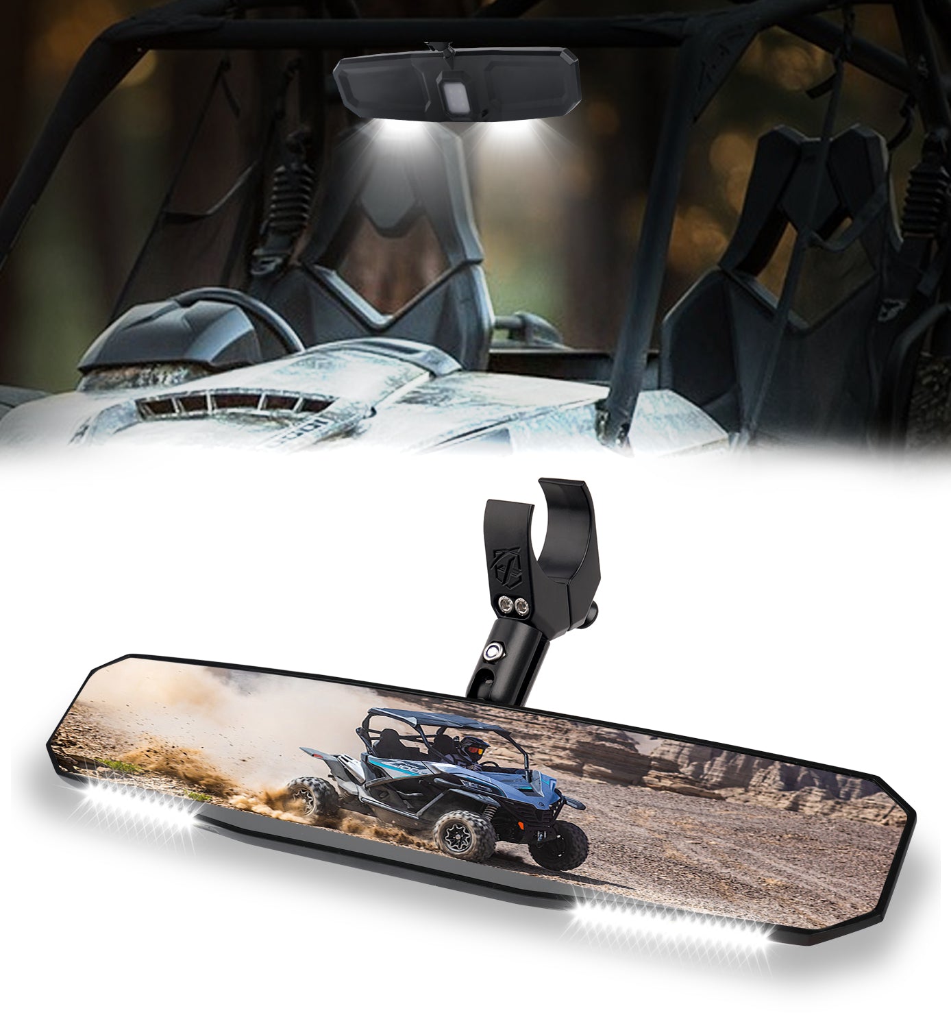 UTV Rear View Mirror with Interior Lights and an Additional GoPro Mount