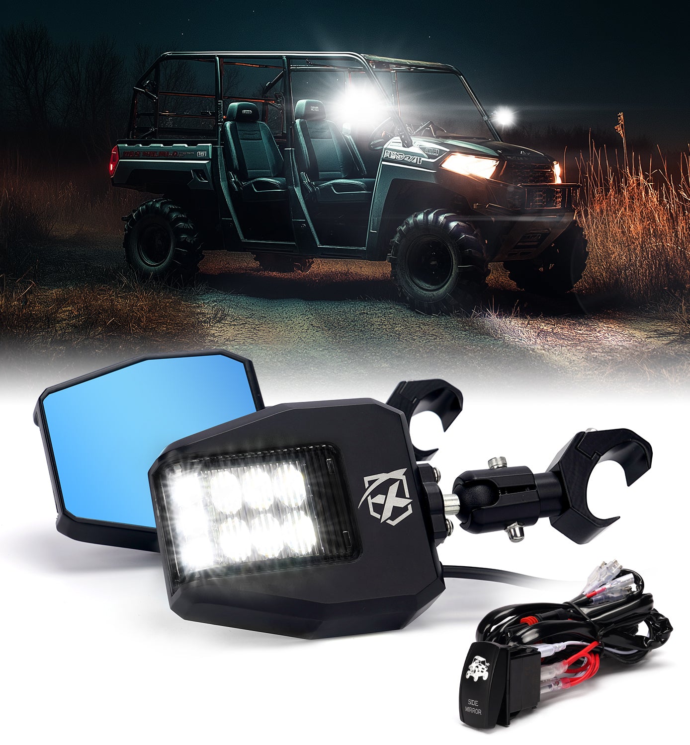 UTV Side View Mirrors with LED Spot Lights and Adjustable C-type Bracket