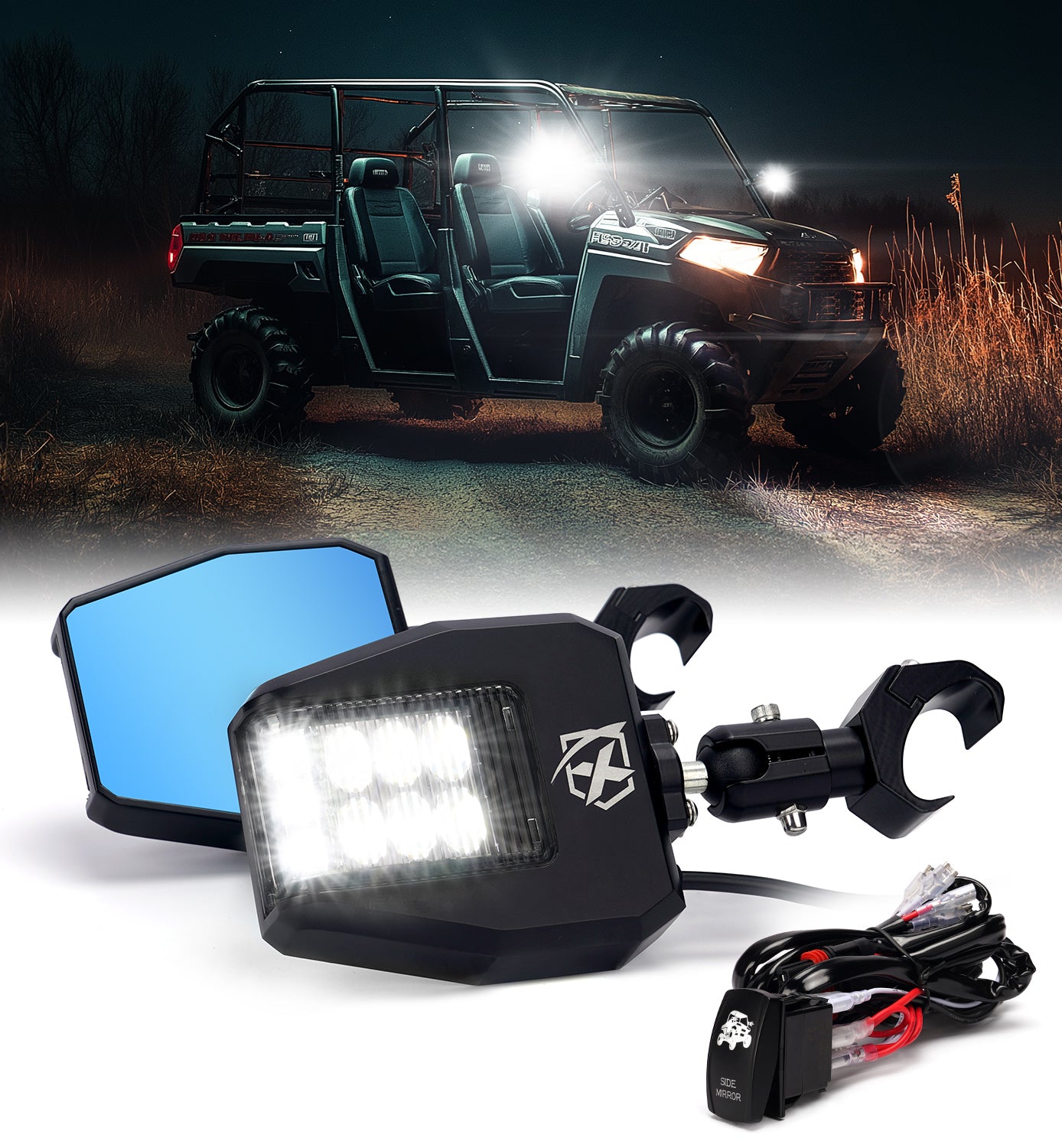 UTV Side View Mirrors with LED Spot Lights and Adjustable C-type Bracket