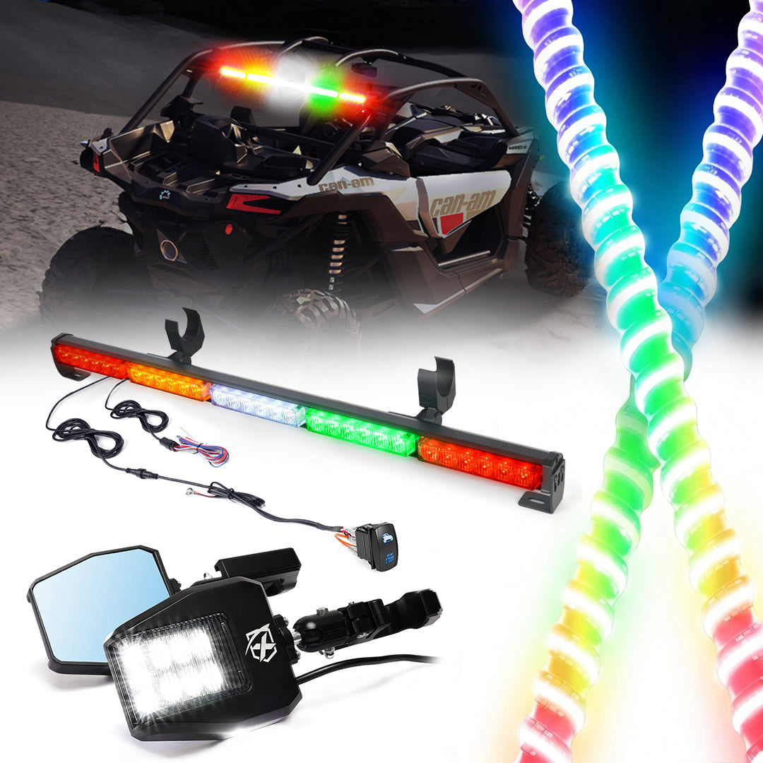 Xprite UTV LED Lighting Upgrade Kit | LED Side Mirrors, 2PC RGB 4FT Whip Lights & 36" Chase Light Bar