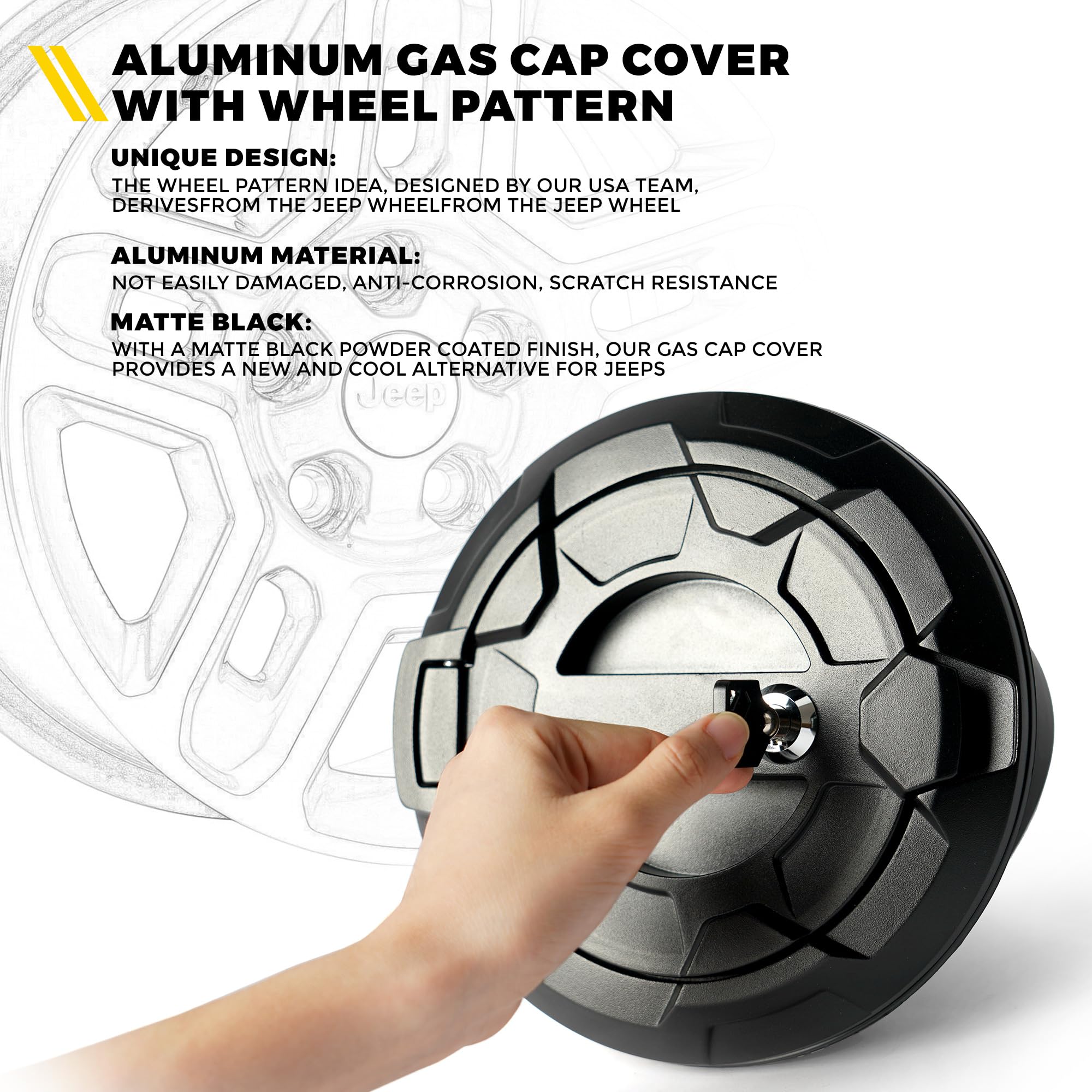 Aluminum gas cap cover with wheel pattern design, held by a hand, on a white background.