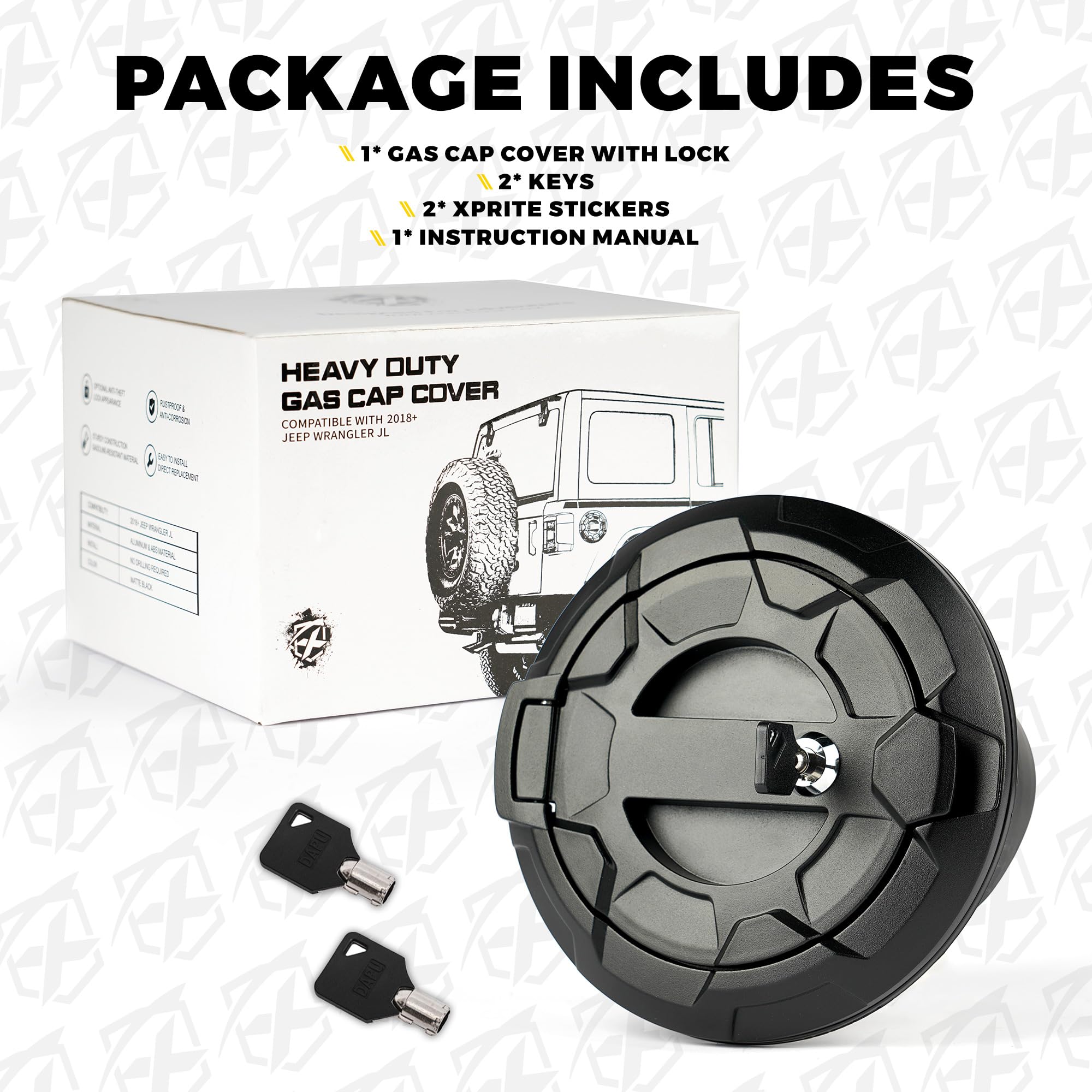 Heavy-duty gas cap cover with lock, keys, and Xprite stickers on a white background.