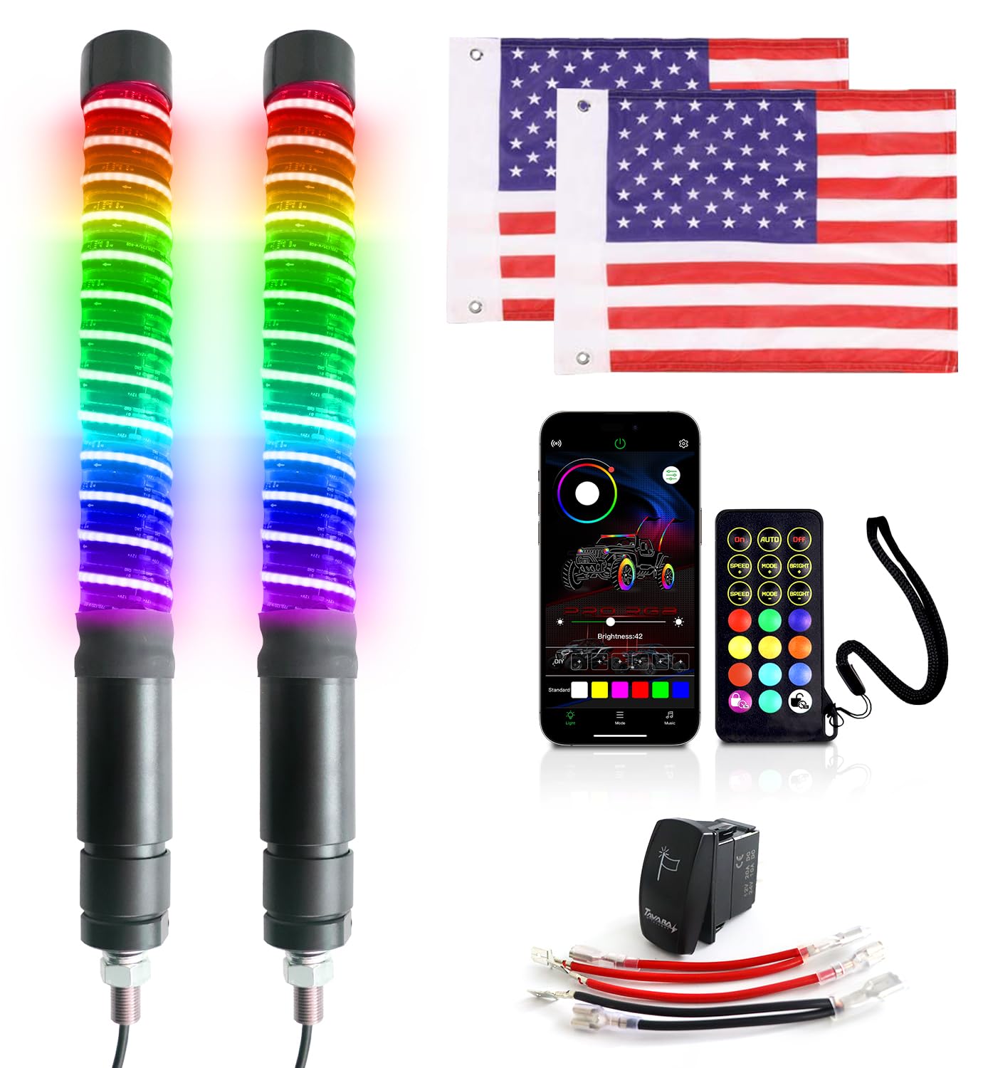 2PCS RGB Fat Whip Lights for UTV ATV Polaris RZR Can-Am