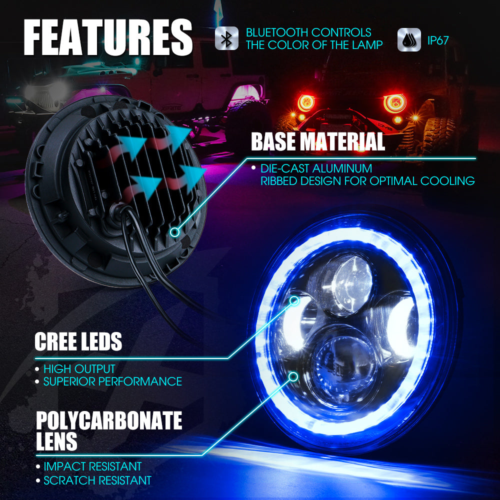 7" LED Headlights with Halo For 1997-2018 Jeep Wrangler