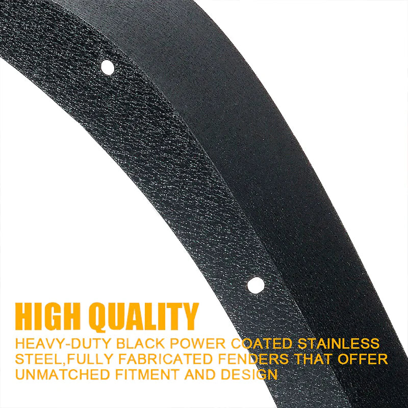 Black metal fender with text highlighting high quality and features on a white background