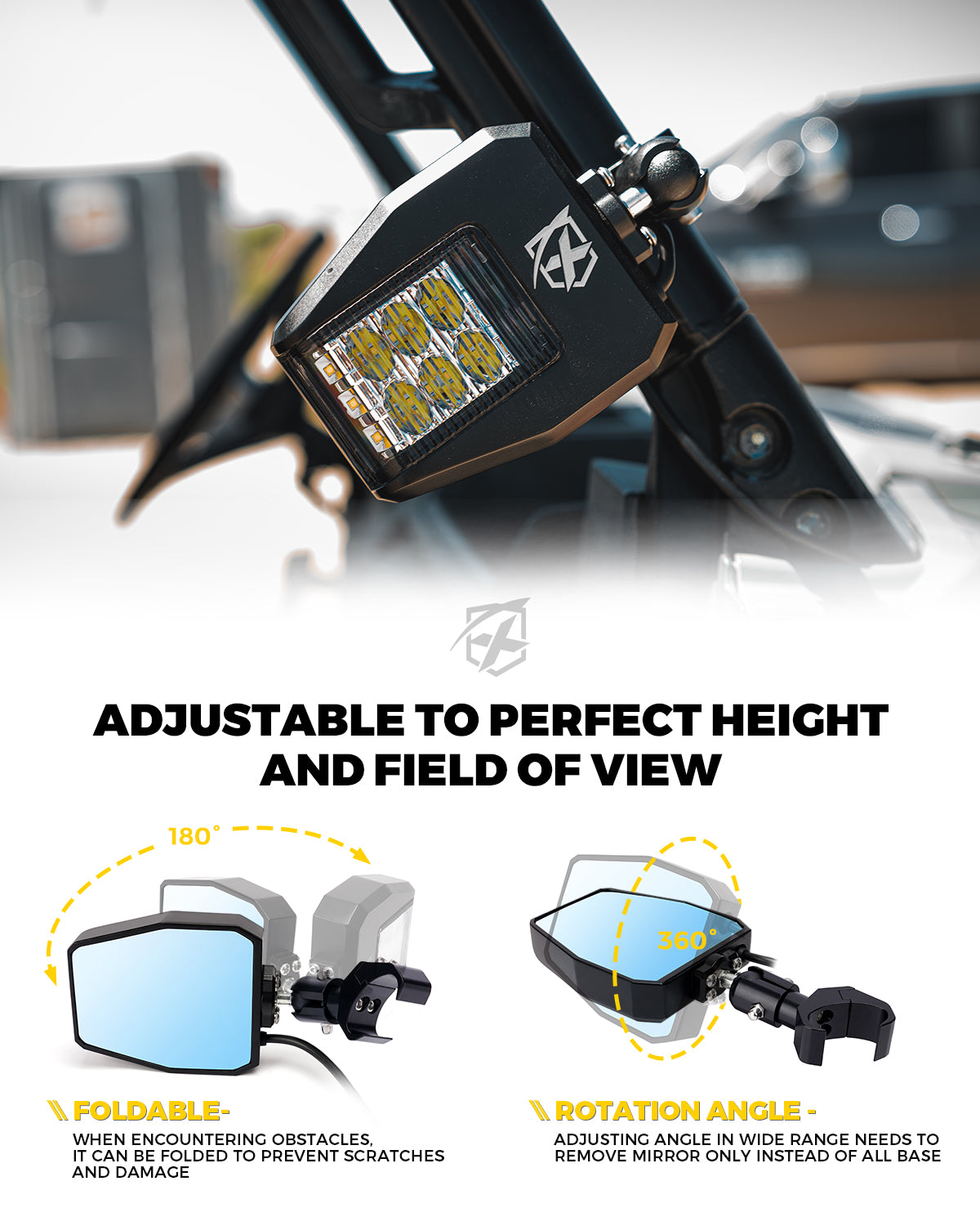 UTV Side View Mirrors with LED Spot Lights and Adjustable C-type Bracket