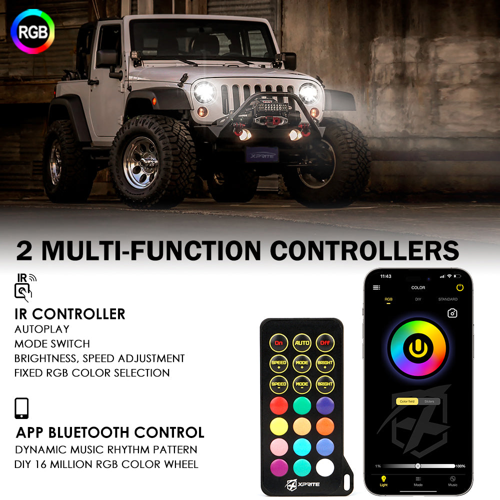 7" LED RGB Halo Headlights for 2007-2018 Jeep Wrangler