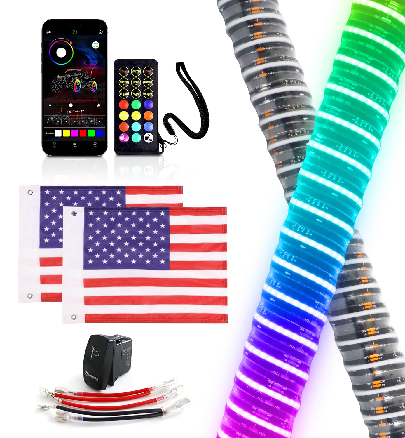 2PCS RGB Fat Whip Lights for UTV ATV Polaris RZR Can-Am