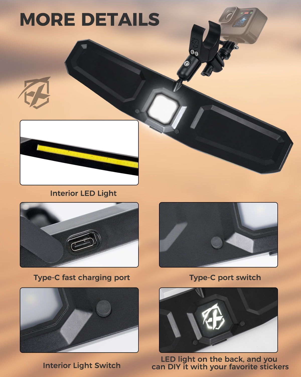 UTV Rear View Mirror with Interior Lights and an Additional GoPro Mount