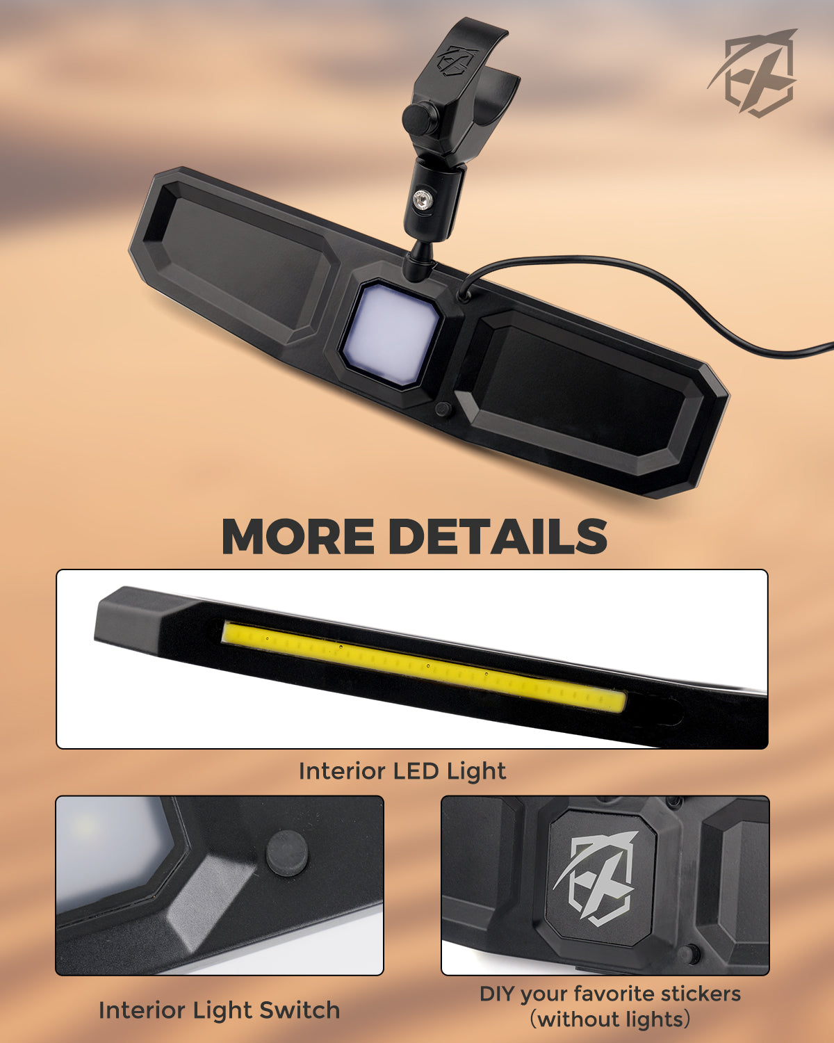 UTV Rear View Mirror with Interior Lights and an Additional GoPro Mount