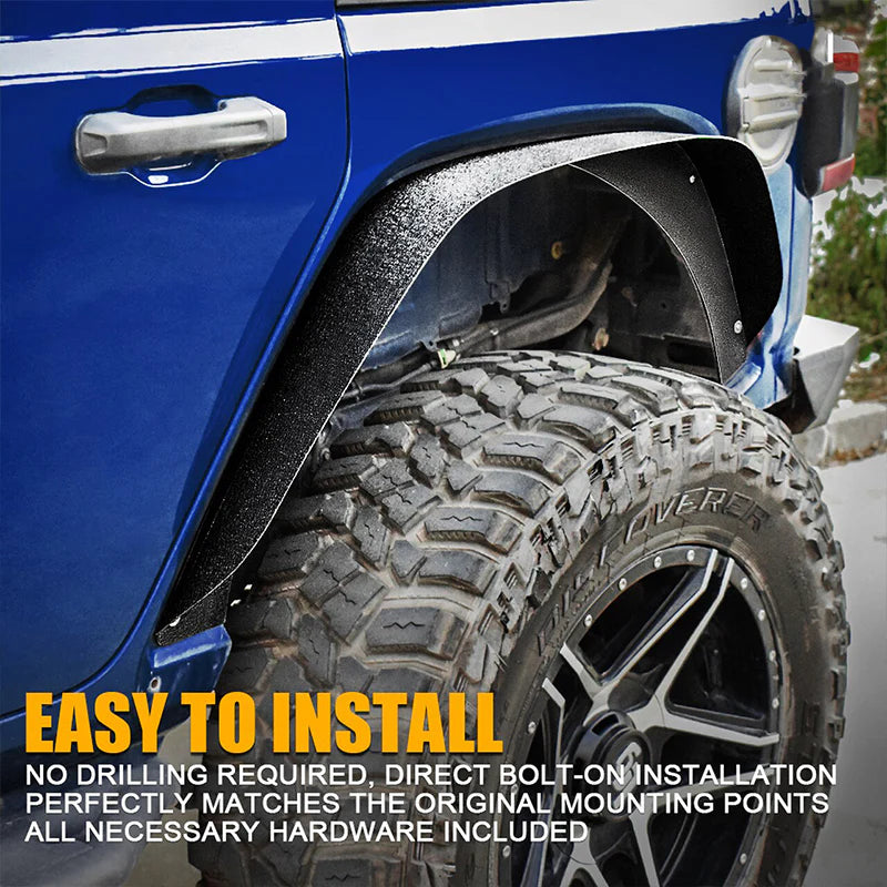 Blue vehicle with black fender flares and off-road tire, text about installation ease.
