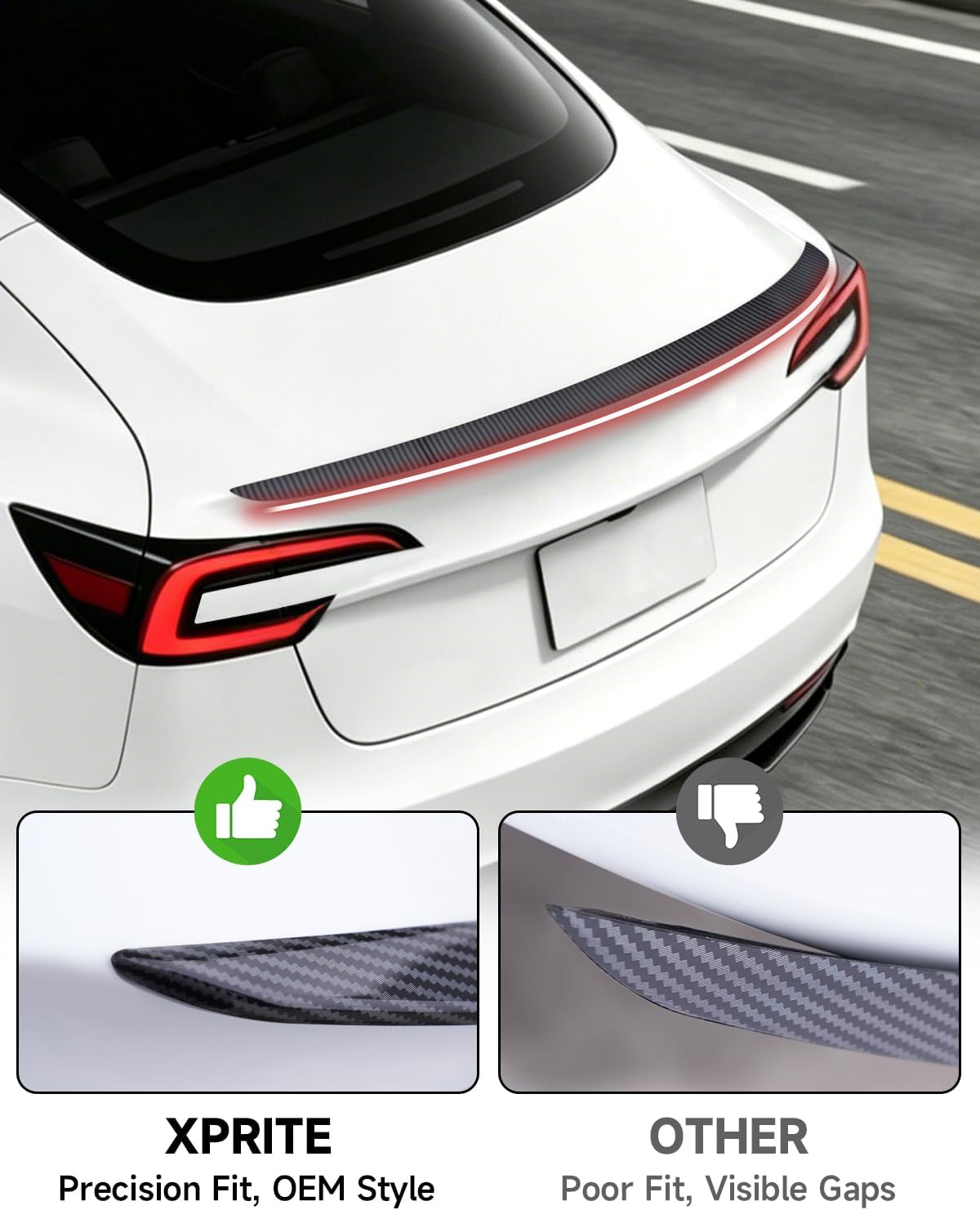 Xprite Glossy Carbon Fiber Rear Spoiler for Tesla Model 3 Highland , Aerodynamic ABS Trunk Lip Wing , OEM Fit