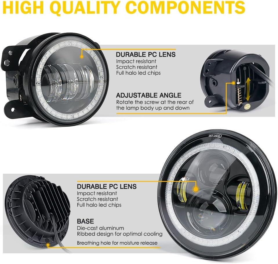 Xprite 7" Inch RGB Halo LED Headlights & 4" Fog Lights Led Combo for 2007-2018 Jeep Wrangler JK JKU