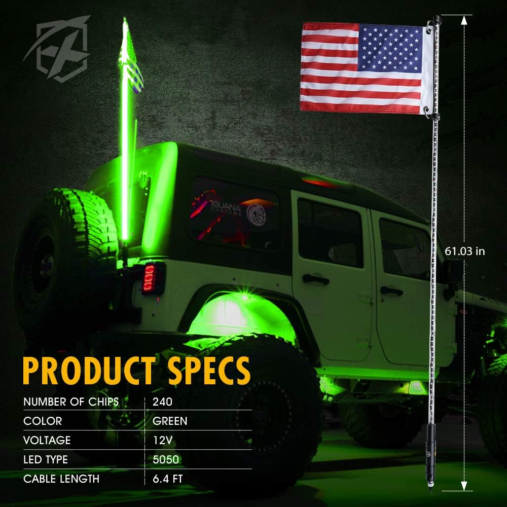 5FT Waterproof Green LED Flexible Whip Lights