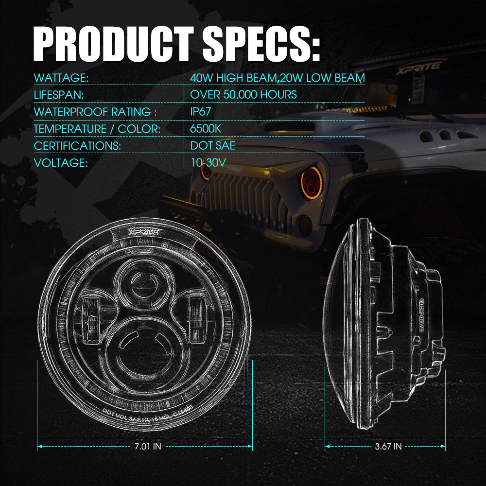 7" LED Headlights with Halo For 1997-2018 Jeep Wrangler