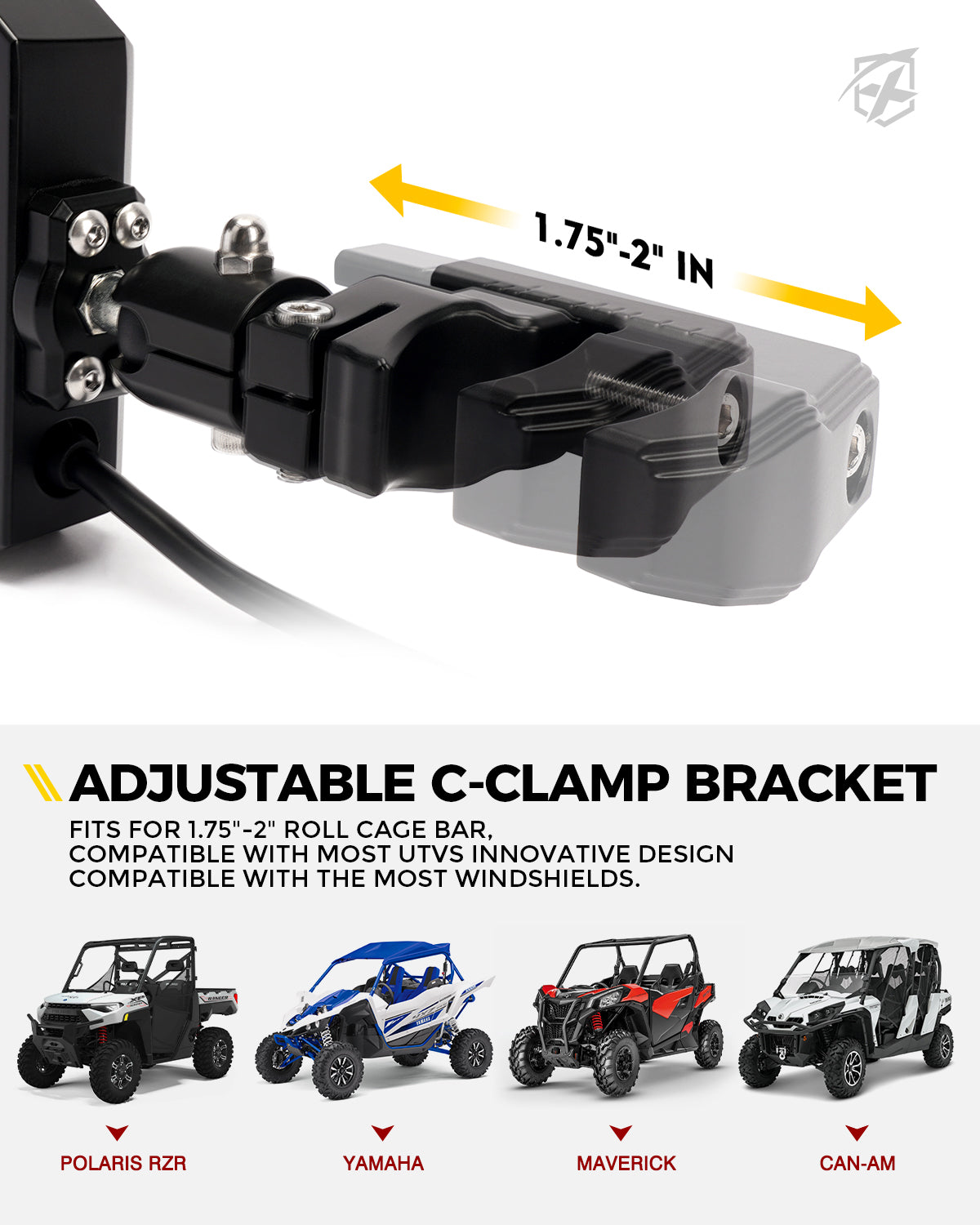 UTV Side View Mirrors with LED Spotlights & C-Clamp Brackets