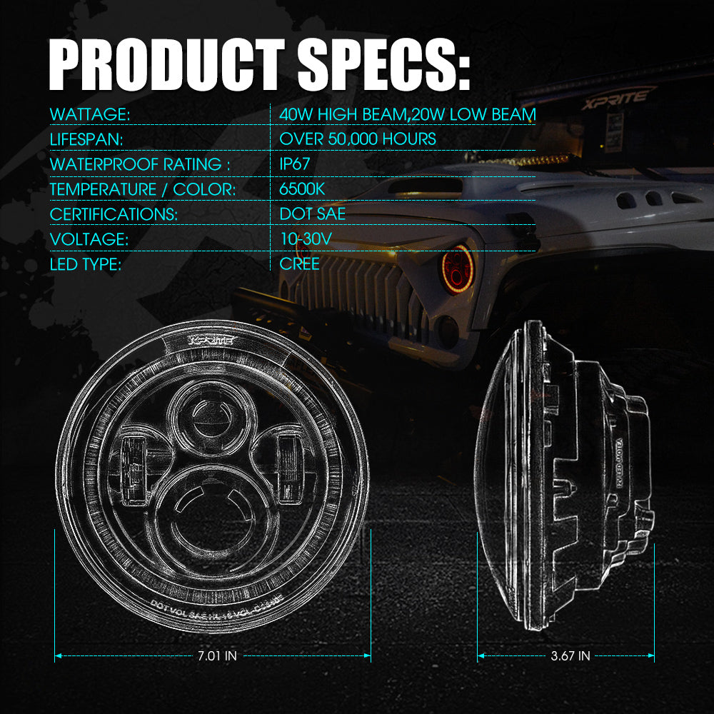 7" LED Headlights with Halo For 1997-2018 Jeep Wrangler