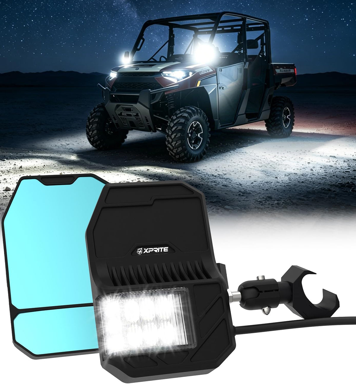 2026 Xprite UTV Side Mirrors with LED Spot Lights & Amber Turn Signal For Pro-Fit Roll Cage