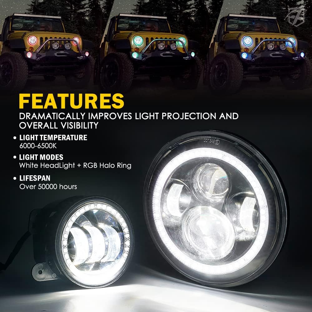 Xprite 7" Inch RGB Halo LED Headlights & 4" Fog Lights Led Combo for 2007-2018 Jeep Wrangler JK JKU