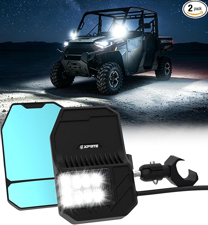 2026 Xprite UTV Side Mirrors with LED Spot Lights & Amber Turn Signal For Pro-Fit Roll Cage