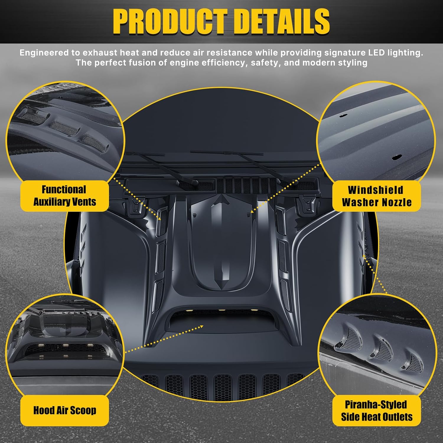 Xprite Replacement Hood for Jeep Wrangler JL & Gladiator JT LED DRLs & Vent Design | Piranha Series