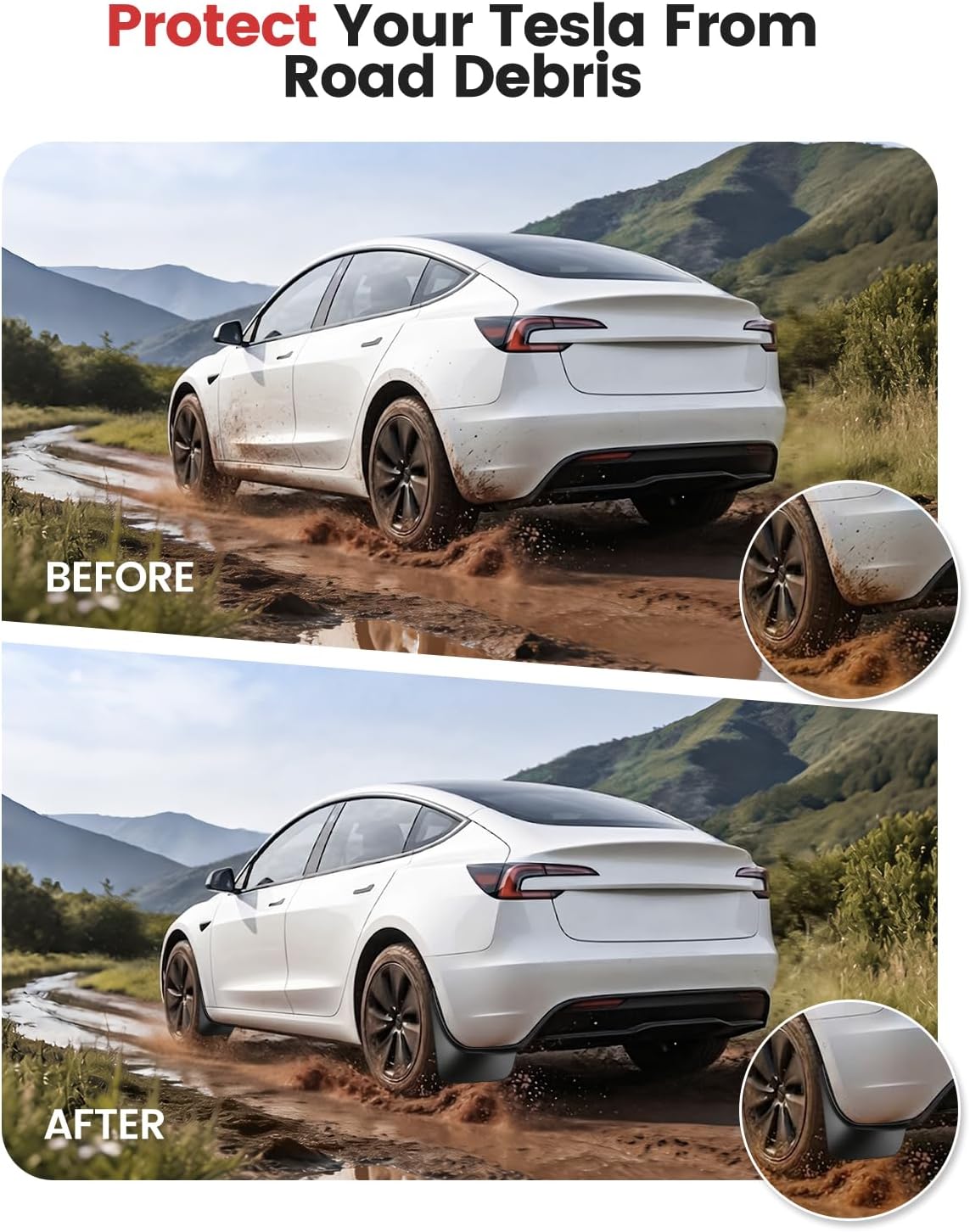 Xprite Mud Flaps for Tesla Model 3 Highland 2024–2026 | No-Drill Splash Guards Set