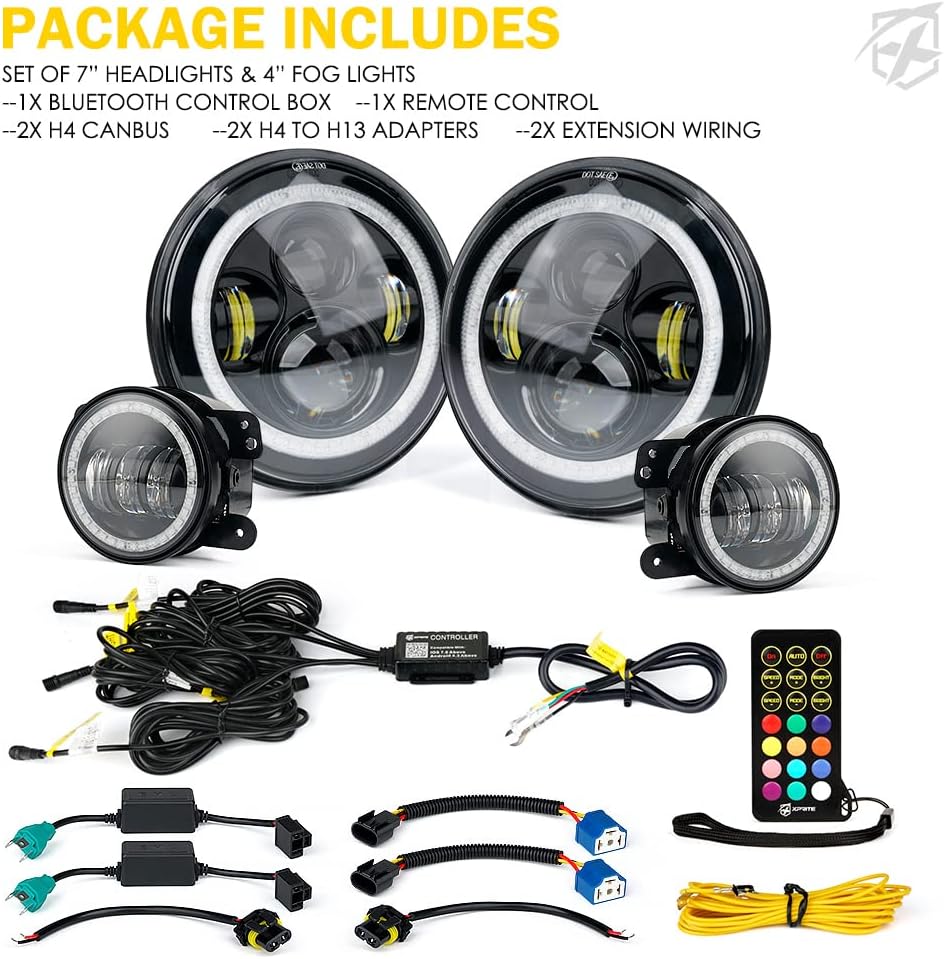 Xprite 7" Inch RGB Halo LED Headlights & 4" Fog Lights Led Combo for 2007-2018 Jeep Wrangler JK JKU