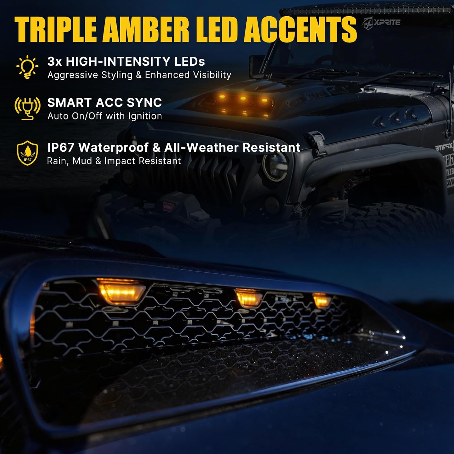 Jeep Wrangler JK Hood with Triple LED DRL Light Design