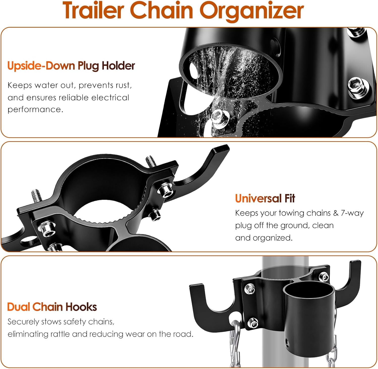 Xprite Heavy Duty Aluminum Trailer Towing Organizer for RV & Travel Trailer – 7-Way Plug Holder, Safety Chain Storage Bracket