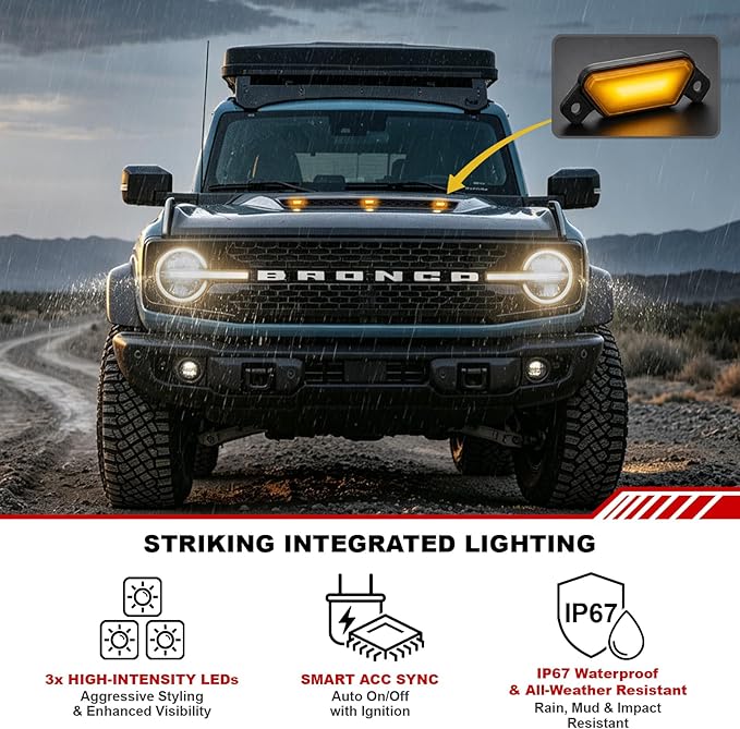 Ford Bronco Air Scoop Aluminum Hood with Amber LED Running Lights by Xprite
