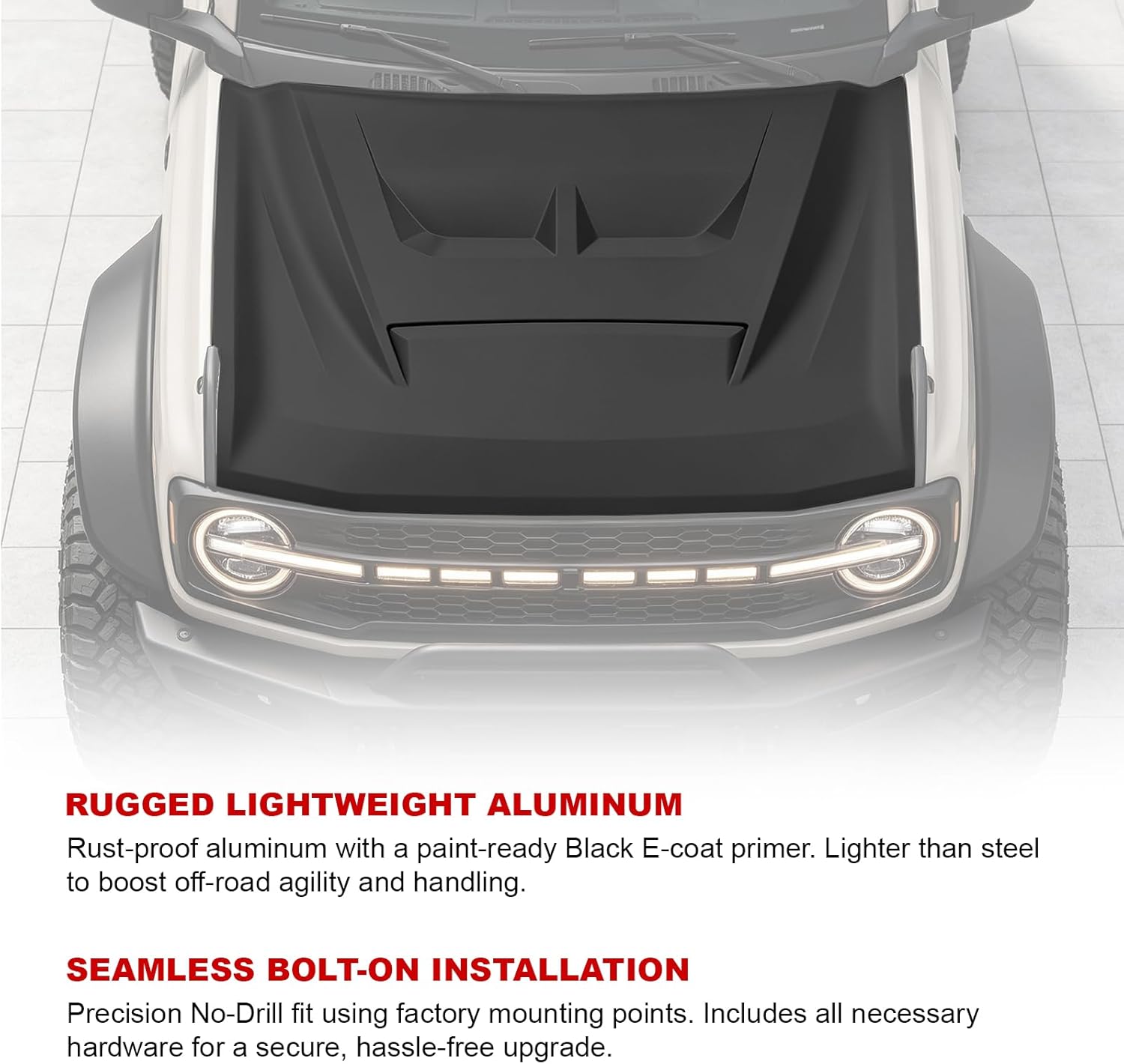 Xprite Aluminum Hood for Ford Bronco 2021–2026 | Air Scoop & Amber LED DRLs