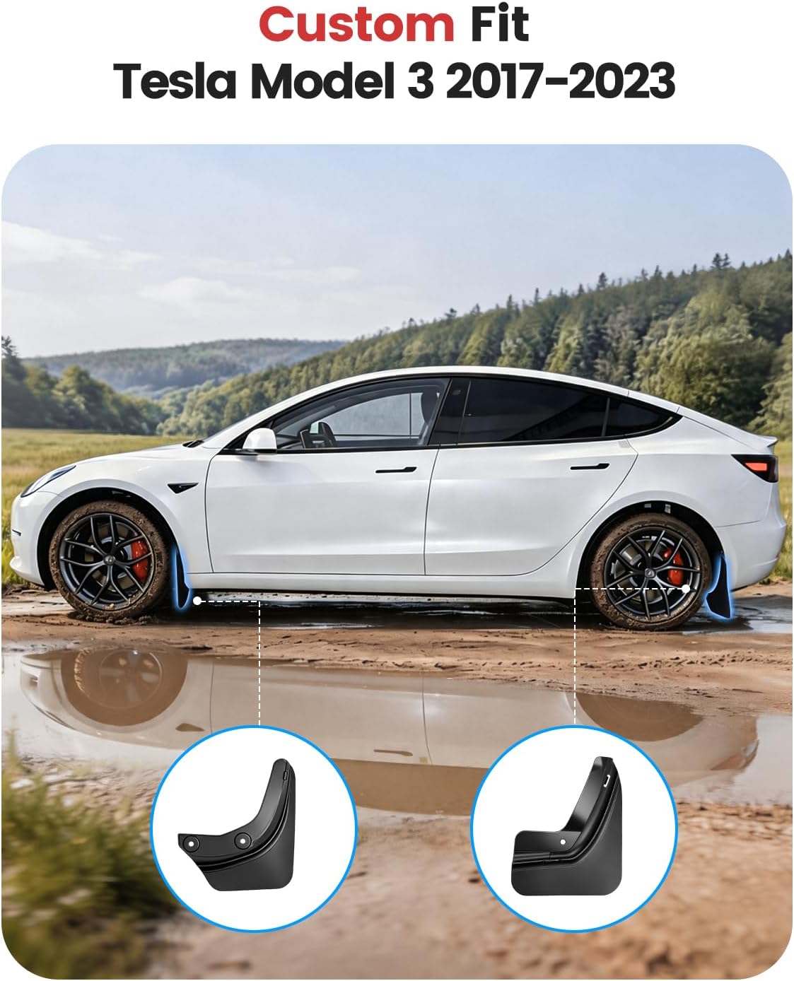 Xprite Mud Flaps for Tesla Model 3 2017-2023 ,Precision Fit No Drilling Splash Guards