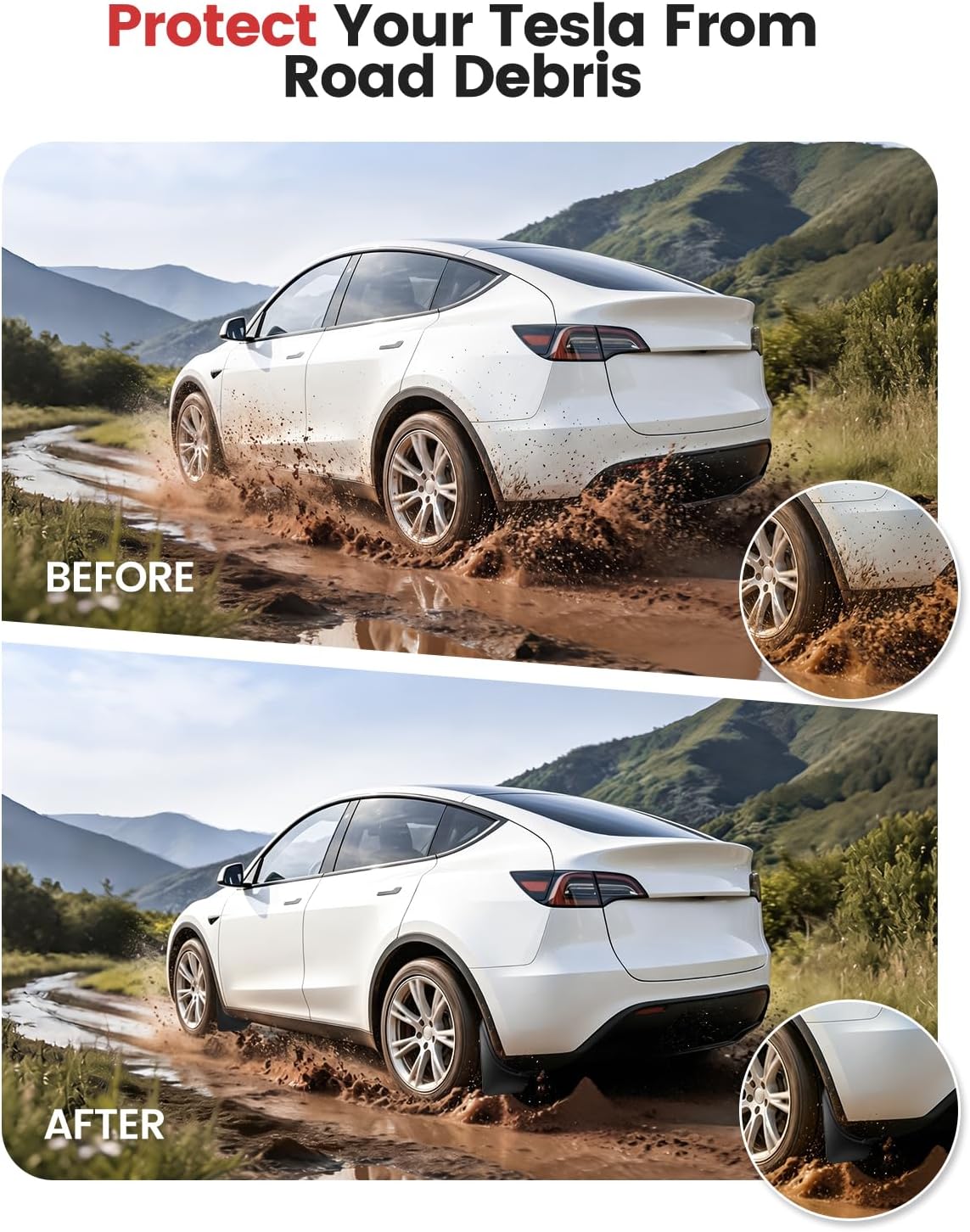 Xprite Mud Flaps for Tesla Model Y 2020–2024 – No-Drill All Weather Splash Guards Set