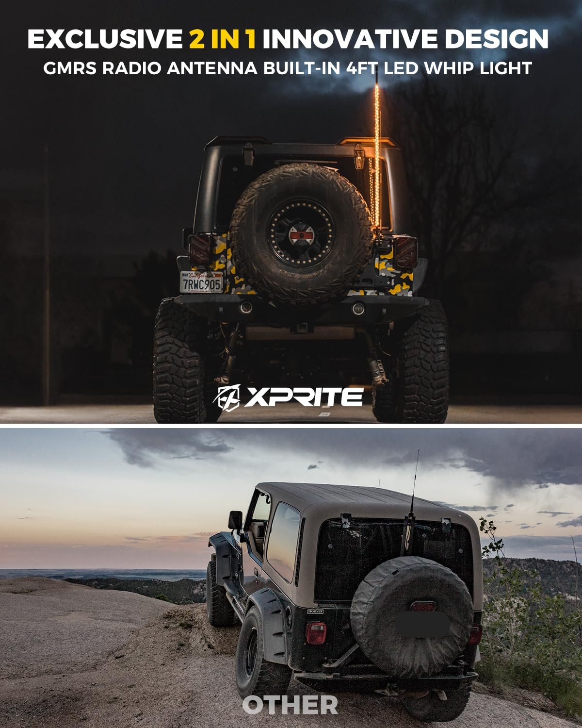Xprite GMRS Radio Antenna with 4FT Amber LED Whip Light
