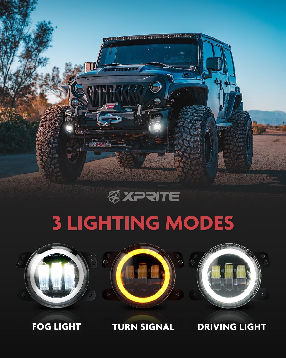 Xprite 4-Inch Round LED Fog Lights with White Halo Ring Angel Eye DRL for 2007-2018 Jeep Wrangler JK