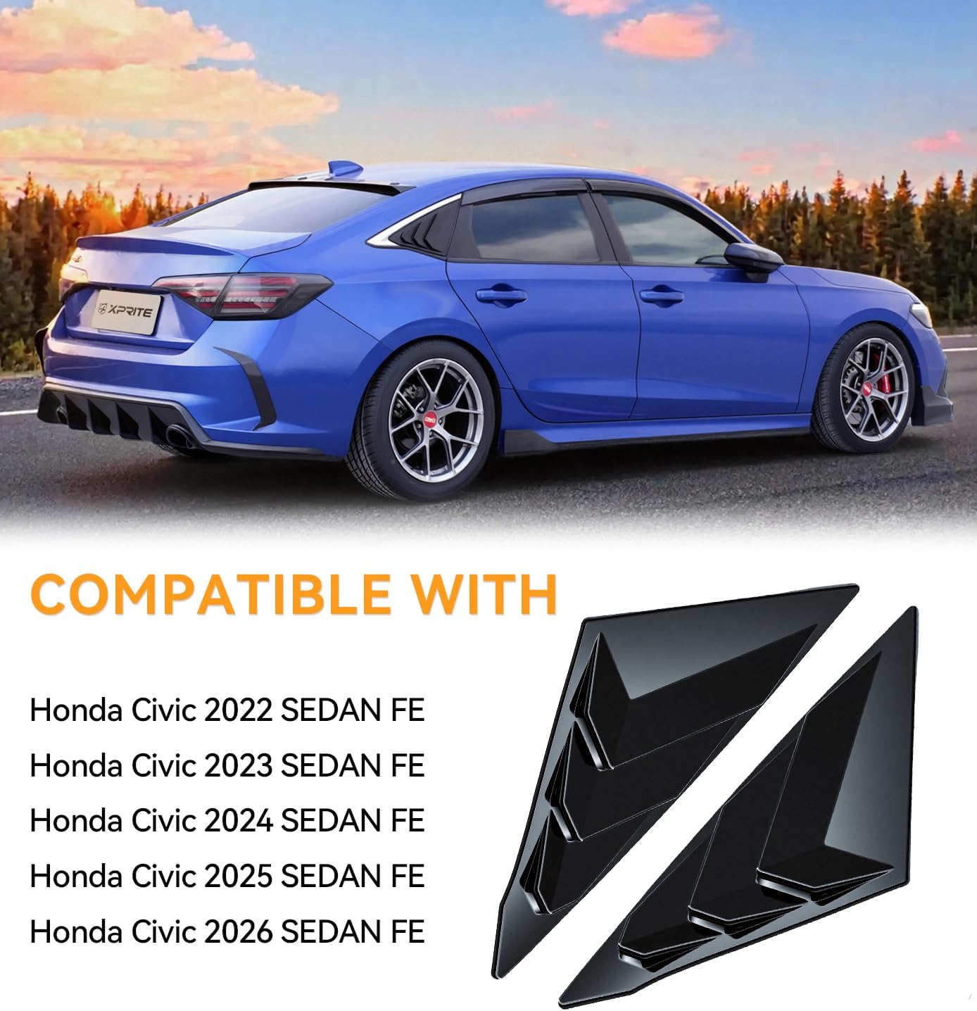 Rear Side Window Louvers for 11th Gen Civic Compatible with Honda Civic 2022-2026