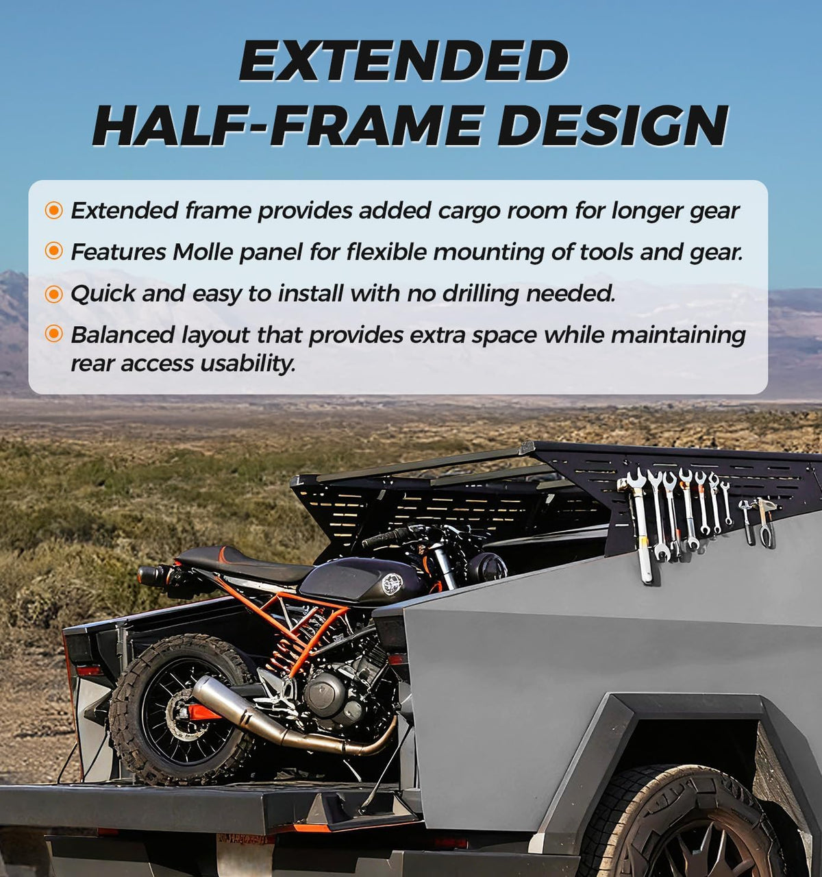 Xprite Extended Half-Frame Roof Rack for Tesla Cybertruck 2023–2026 with Crossbars & MOLLE Panels