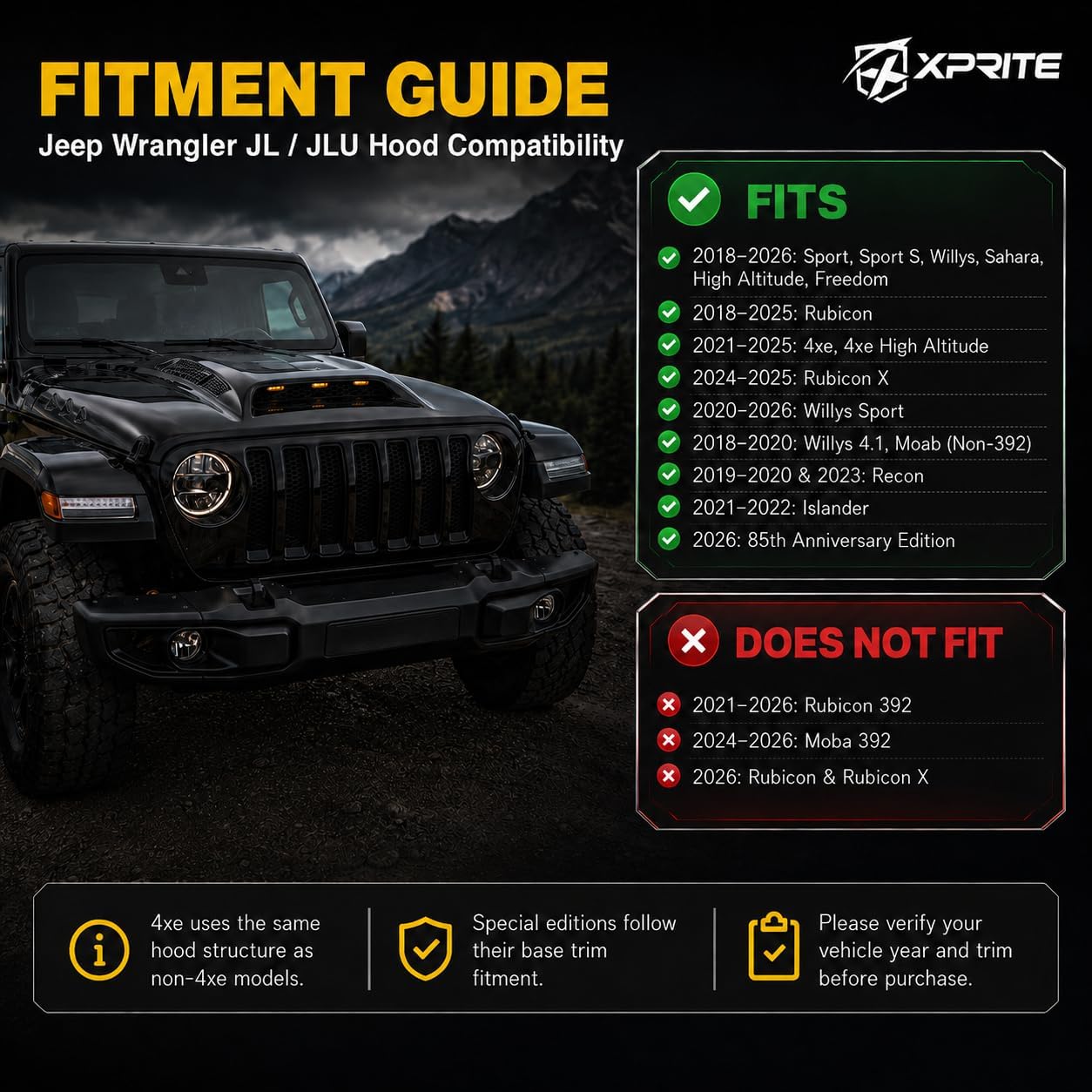 Xprite Replacement Hood for Jeep Wrangler JL & Gladiator JT LED DRLs & Vent Design | Piranha Series