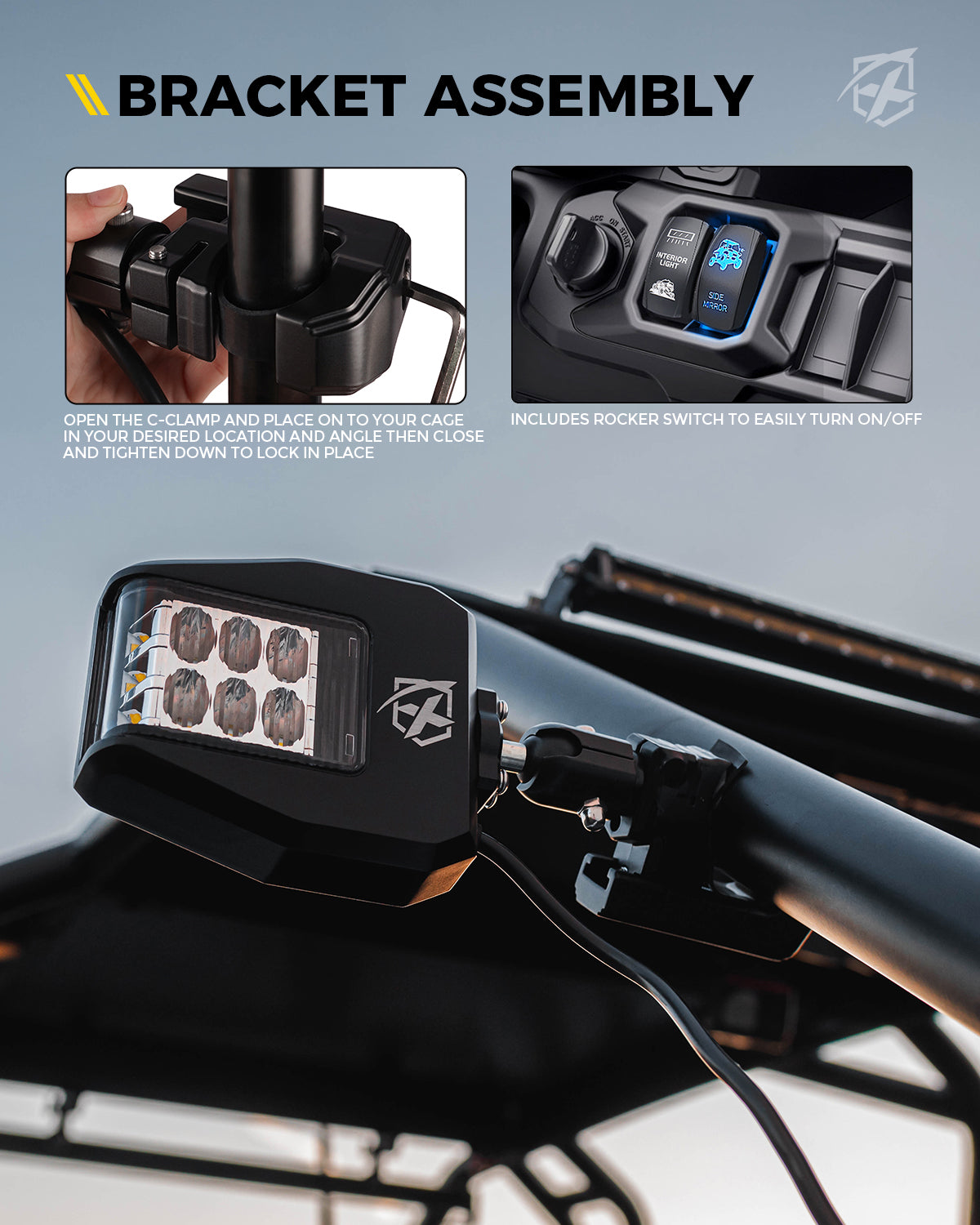 UTV Side View Mirrors with LED Spotlights & C-Clamp Brackets